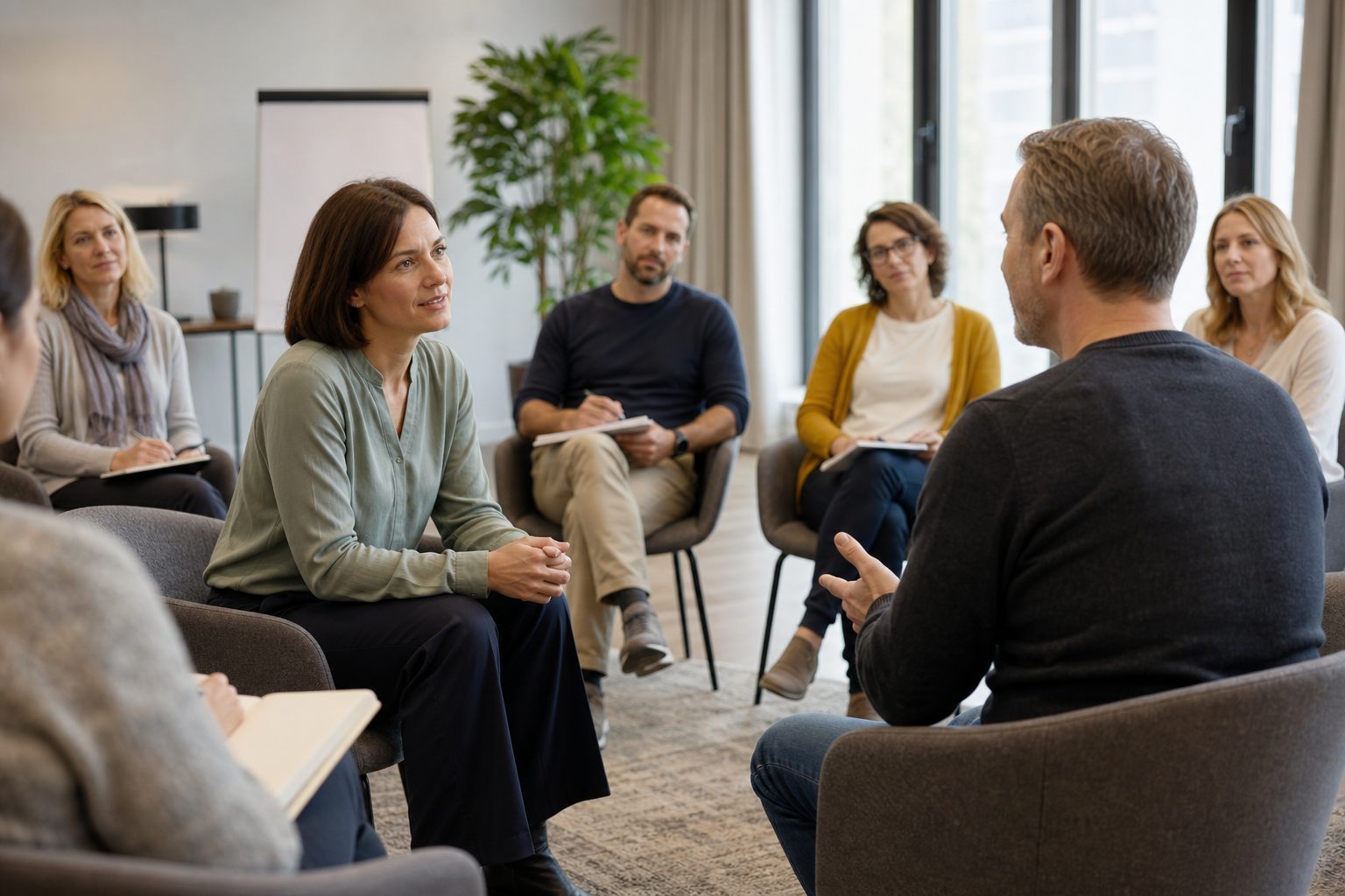 Kleingruppe beobachtet eine Coaching-Übung und gibt Feedback